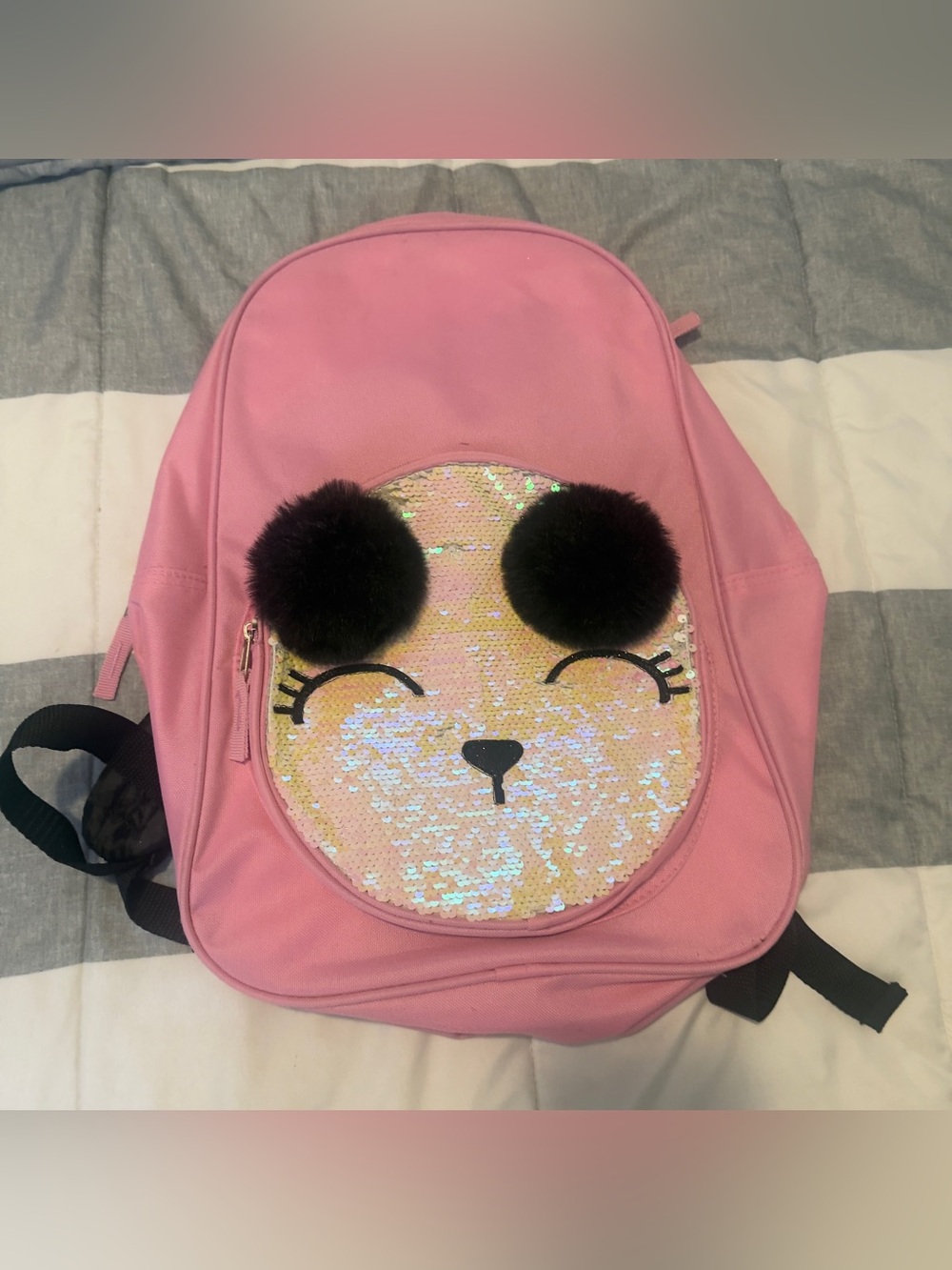 Kids Pink Sequin Panda Backpack with Pom Pom Ears